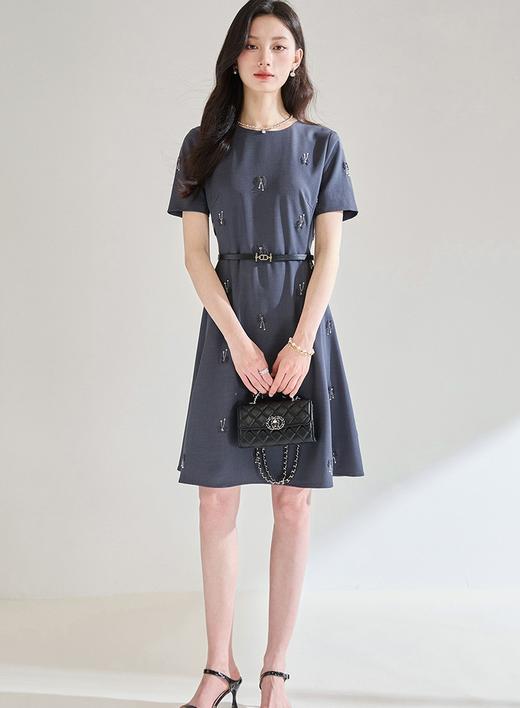 LP钉珠高级感灰色重工刺绣收腰显瘦气质短袖连衣裙 商品图6