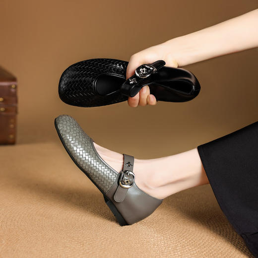 【预售5天】春秋季绝美羊皮灰色圆头单鞋女浅口低跟平底鞋女软底舒适玛丽珍NJMK&K1703 商品图1