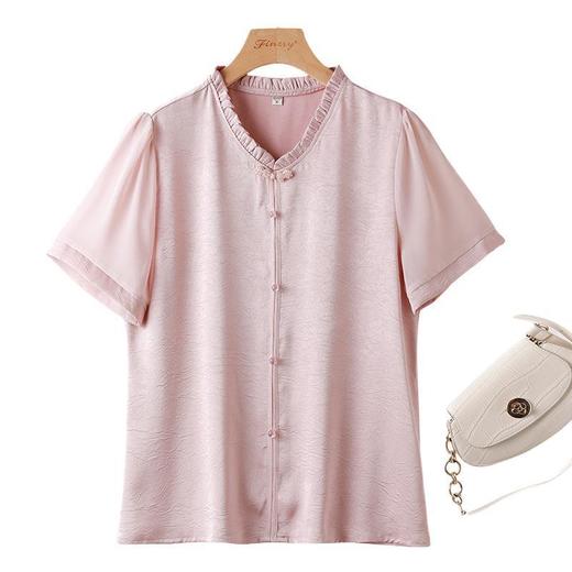 W555-966-75-138中老年人夏新款短袖纱袖花边领新中式套头衬衣上衣纯色妈妈装衬衫 商品图4