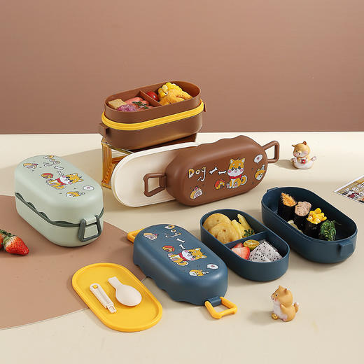  【萌趣午餐新选择🍱】学生女生卡通小狗塑料双层饭盒 日式可微波炉午餐便当盒 ，卡通小狗双层饭盒，微波炉可用＋自带餐具，孩子超爱的小饭盒！ 商品图1