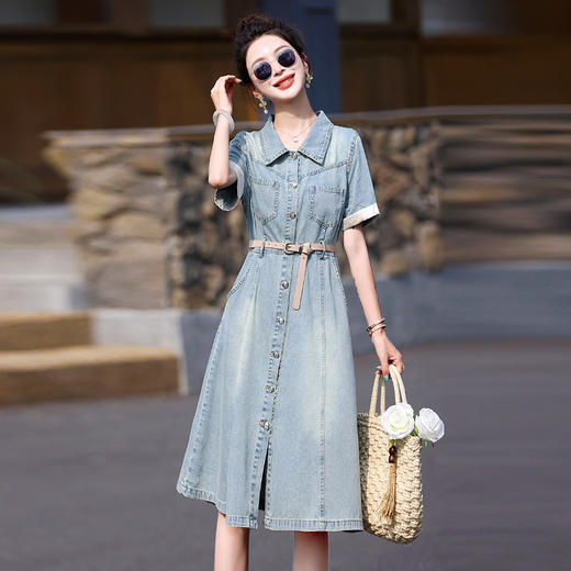【预售3天】复古牛仔连衣裙夏季新款时尚洋气收腰中长裙配腰带 YF9638 商品图3
