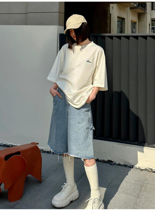 W.D 情侣款 宽松廓形 高克重小标圆领T恤 TX579 商品图5