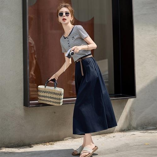 FY2587时尚休闲套装女2025夏季新款超火一整套条纹T恤休闲半身裙两件套 商品图3