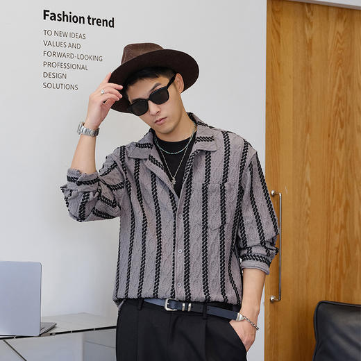 徐太浪时尚设计感条纹长袖衬衫男2025新款秋季潮牌帅气休闲衬衣潮 商品图0