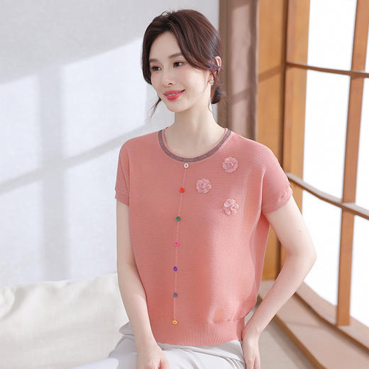 W561-17722-68-1082025新款洋气妈妈夏装短袖针织小衫薄款中年女夏季圆领冰丝t恤衫 商品图3