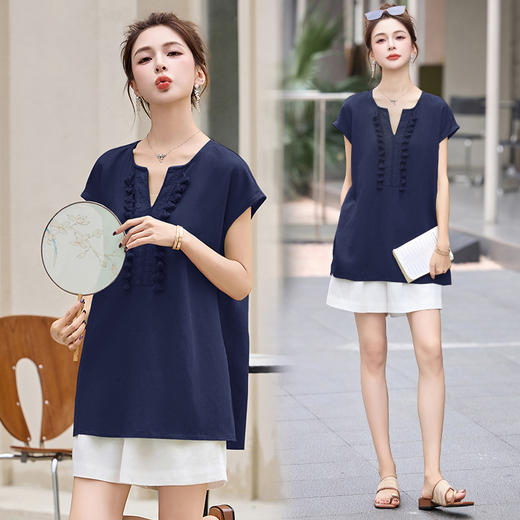 EHJY5090时尚棉麻短裤套装女2025夏季新款宽松气质V领流苏刺绣上衣两件套 商品图3