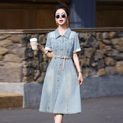 【预售3天】复古牛仔连衣裙夏季新款时尚洋气收腰中长裙配腰带 YF9638 商品图2