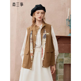 两三事秋帧漫游2025秋季新款可拆印花丝巾工装马甲外套女宽松马夹