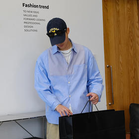 徐太浪拼接贴布口袋条纹长袖衬衫男2025新款秋季纯棉蓝色衬衣外套