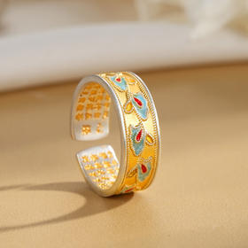 Winy 999足银花影草语戒指描金滴胶工艺配证书送女友闺蜜节日生日礼物