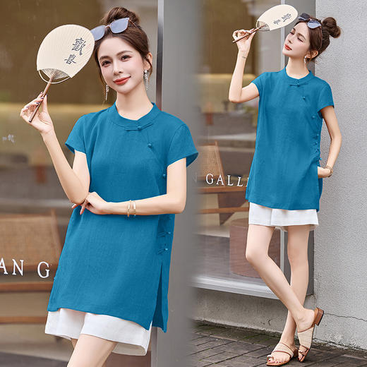 EHJY5089新中式棉麻套装女2025夏新款时尚复古洋气盘扣斜襟上衣短裤两件套 商品图2