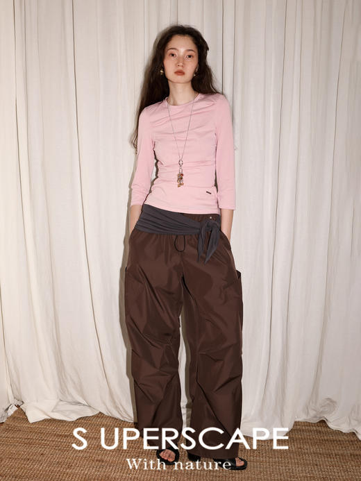 【8/6新品】素舶四季舒适棉感圆领竹节棉褶皱撞色装饰线七分袖T恤 商品图1