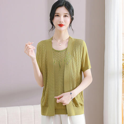 W561-92408-95-168中年妈妈夏装短袖T恤假两件套中老年女针织宽松小衫圆领冰丝上衣 商品图2
