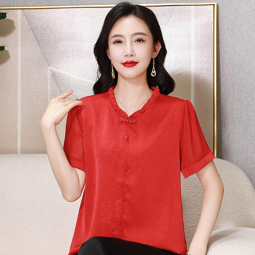 W555-966-75-138中老年人夏新款短袖纱袖花边领新中式套头衬衣上衣纯色妈妈装衬衫 商品图0