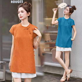 EHJY5089新中式棉麻套装女2025夏新款时尚复古洋气盘扣斜襟上衣短裤两件套