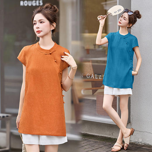 EHJY5089新中式棉麻套装女2025夏新款时尚复古洋气盘扣斜襟上衣短裤两件套 商品图0