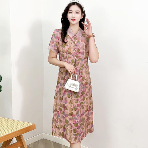 中长款印花雪纺A字裙，修身显瘦娃娃领短袖大码连衣裙QYM-XYKL-8861-L 商品图1