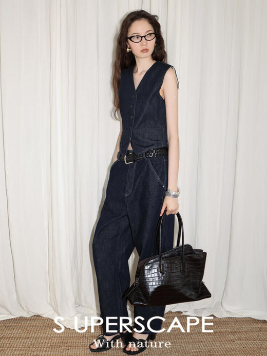 【8/6新品】素舶天丝棉原牛复古V领收腰单排扣牛仔马甲 商品图1