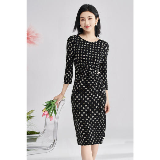 米思阳秋季新款时尚字母印花七分袖连衣裙修身高腰裙子0516 商品图3