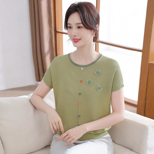 W561-17722-68-1082025新款洋气妈妈夏装短袖针织小衫薄款中年女夏季圆领冰丝t恤衫 商品图0