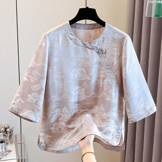A34639高品质舒适桑蚕丝减龄妈妈夏新款国风改良旗袍斜襟小衫新中式衬衫 商品图0