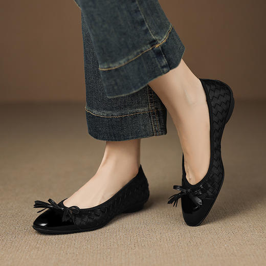 YLYA1302小香风编织拼接蝴蝶结圆头浅口单鞋百搭低粗跟拼色玛丽珍小皮鞋女 商品图2