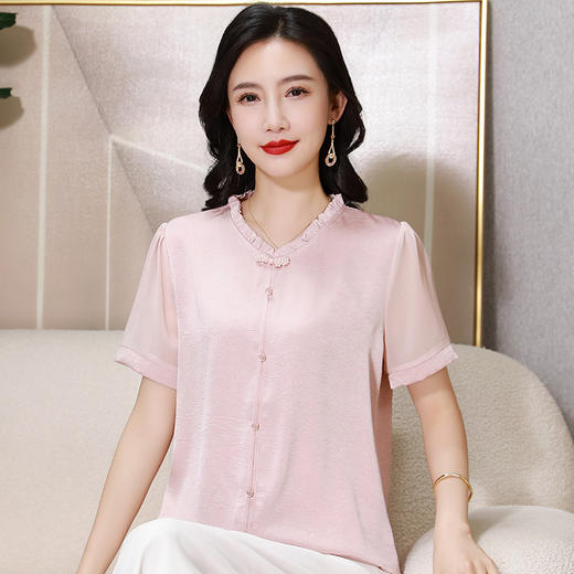 W555-966-75-138中老年人夏新款短袖纱袖花边领新中式套头衬衣上衣纯色妈妈装衬衫 商品图2