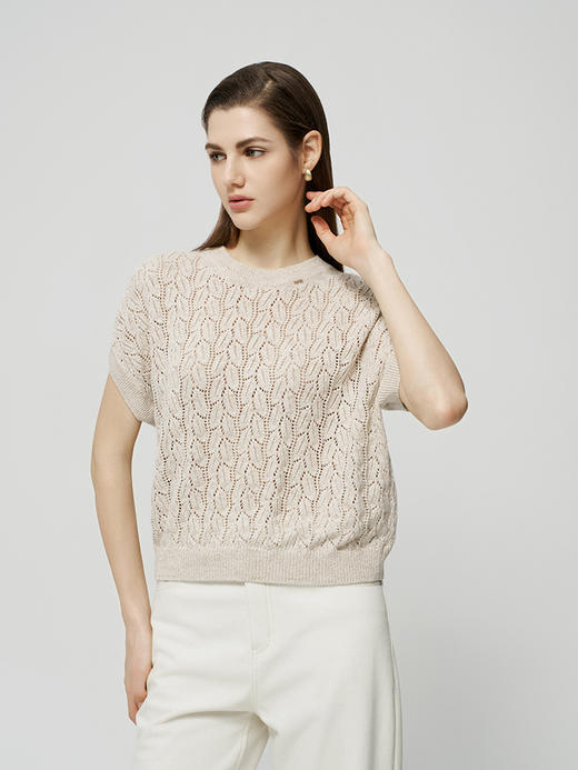 【棉麻镂空针织套衫】25年秋季新款女士圆领套头针织衫时尚百搭上衣 商品图0