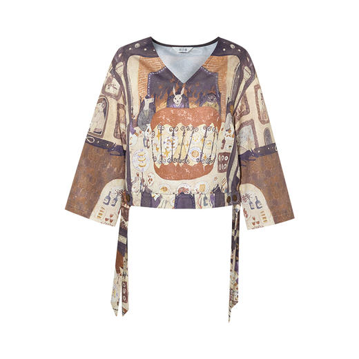 两三事 苹果森友会 2025秋季新款复古v领印花短款衬衫女宽松 商品图4