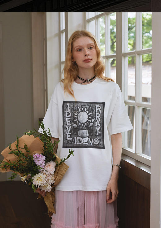 IDEVERRAY手绘太阳花情侣短袖t恤夏季复古个性宽松男潮牌半袖上衣21MSL-TM635 商品图0