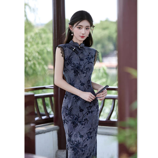 SYK13498扎染植绒长款无袖旗袍2025夏季新款改良新中式日常可穿港风旗袍裙 商品图0