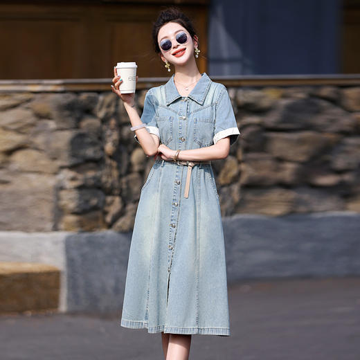 【预售3天】复古牛仔连衣裙夏季新款时尚洋气收腰中长裙配腰带 YF9638 商品图1