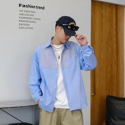 徐太浪拼接贴布口袋条纹长袖衬衫男2025新款秋季纯棉蓝色衬衣外套 商品图3