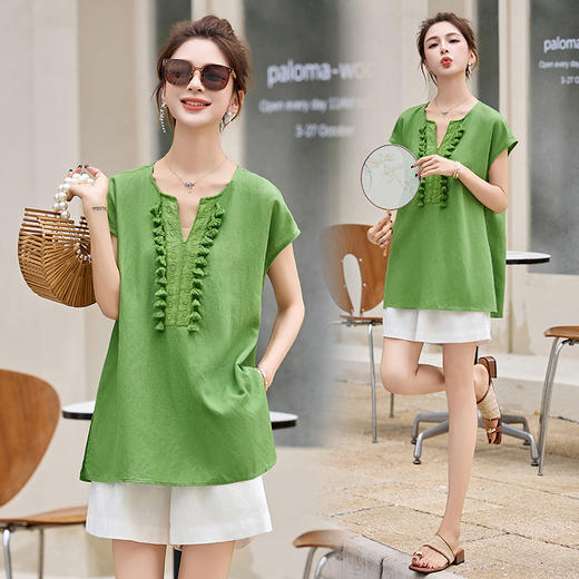 EHJY5090时尚棉麻短裤套装女2025夏季新款宽松气质V领流苏刺绣上衣两件套 商品图1