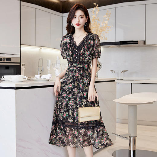 蕾丝拼接碎花连衣裙，气质V领时尚优雅减龄高腰A字裙子HR-SSQJRA650 商品图3