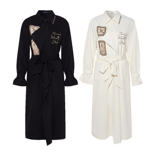 两三事游廊史诗2025秋季新款复古印花贴布绣绑带风衣式连衣裙长裙 商品图4