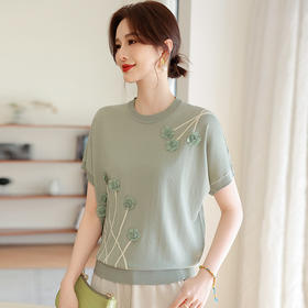 W052-2516-75-138妈妈夏装短袖绣花T恤2025新款洋气中老年女高档冰丝小衫薄款上衣