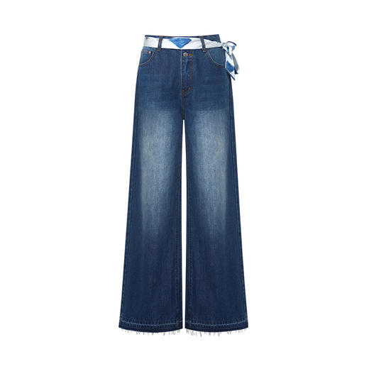 两三事北斗引航2025秋季新款丝巾装饰印花口袋毛边裤脚直筒牛仔裤 商品图4