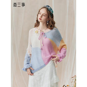 两三事琉璃晨梦2025秋新款甜美手钩花绑带拼色不规则下摆针织衫女