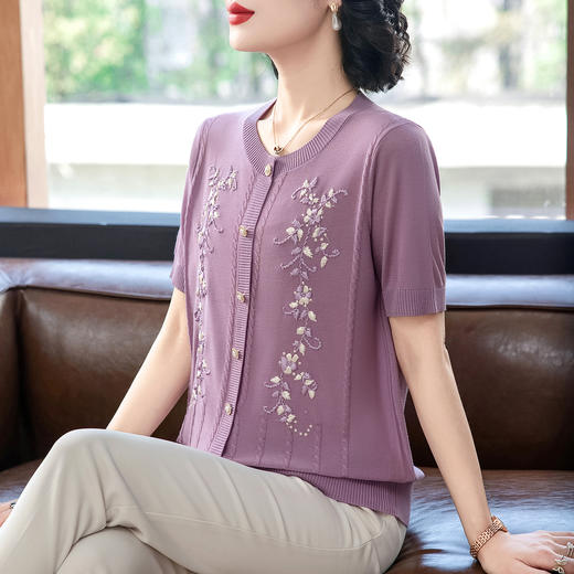 W007-2520-88-138新款2025妈妈夏装针织小衫中老年女装母亲节短袖上衣冰丝洋气t恤 商品图2