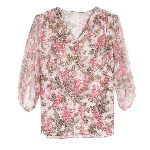 A32467高品质减龄中年女大码遮肉夏新款桑蚕丝真丝衬衫碎花上衣衬衫T恤 商品图4