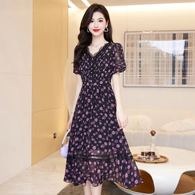 蕾丝拼接碎花连衣裙，气质V领时尚优雅减龄高腰A字裙子HR-SSQJRA650