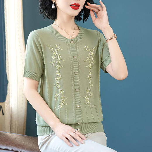 W007-2520-88-138新款2025妈妈夏装针织小衫中老年女装母亲节短袖上衣冰丝洋气t恤 商品图1