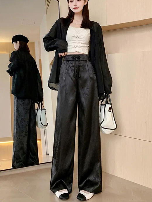新中式国风盘扣阔腿裤女夏季2025新款高级感高腰显瘦垂感直筒裤子 商品图2
