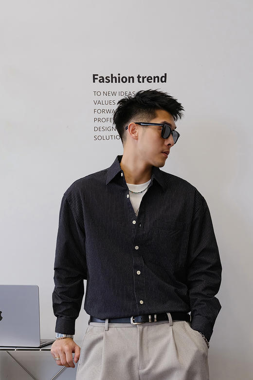 徐太浪175g肌理竖条纹长袖衬衫男2025新款秋季大码纯棉休闲衬衣潮 商品图4