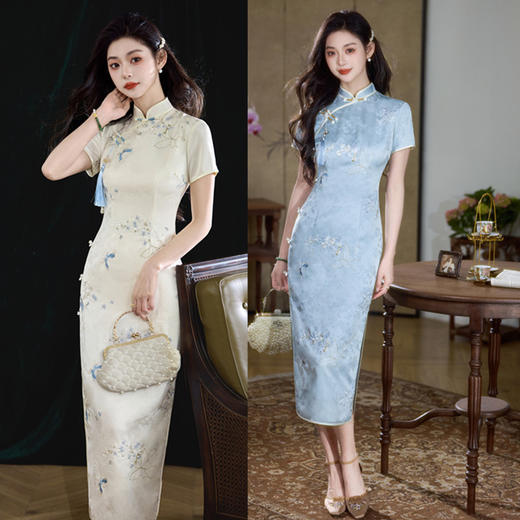 SYK66871复古中国风高密仿醋酸绣花长款短袖旗袍2025夏季新款老上海旗袍裙 商品图1