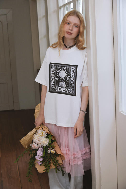 IDEVERRAY手绘太阳花情侣短袖t恤夏季复古个性宽松男潮牌半袖上衣21MSL-TM635 商品图2