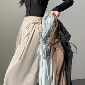 高腰绑带西装裤女春秋小个子高级感垂感直筒宽松休闲拖地阔腿裤子