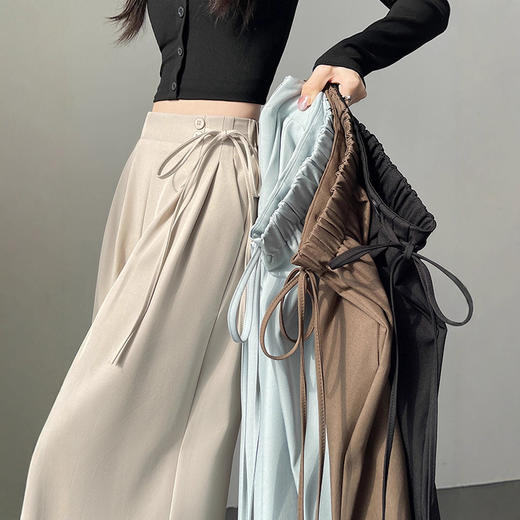 高腰绑带西装裤女春秋小个子高级感垂感直筒宽松休闲拖地阔腿裤子 商品图0