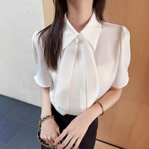 白色翻领雪纺衬衫女士装夏季2025新款法式上衣轻奢高级感短袖气质 商品图0